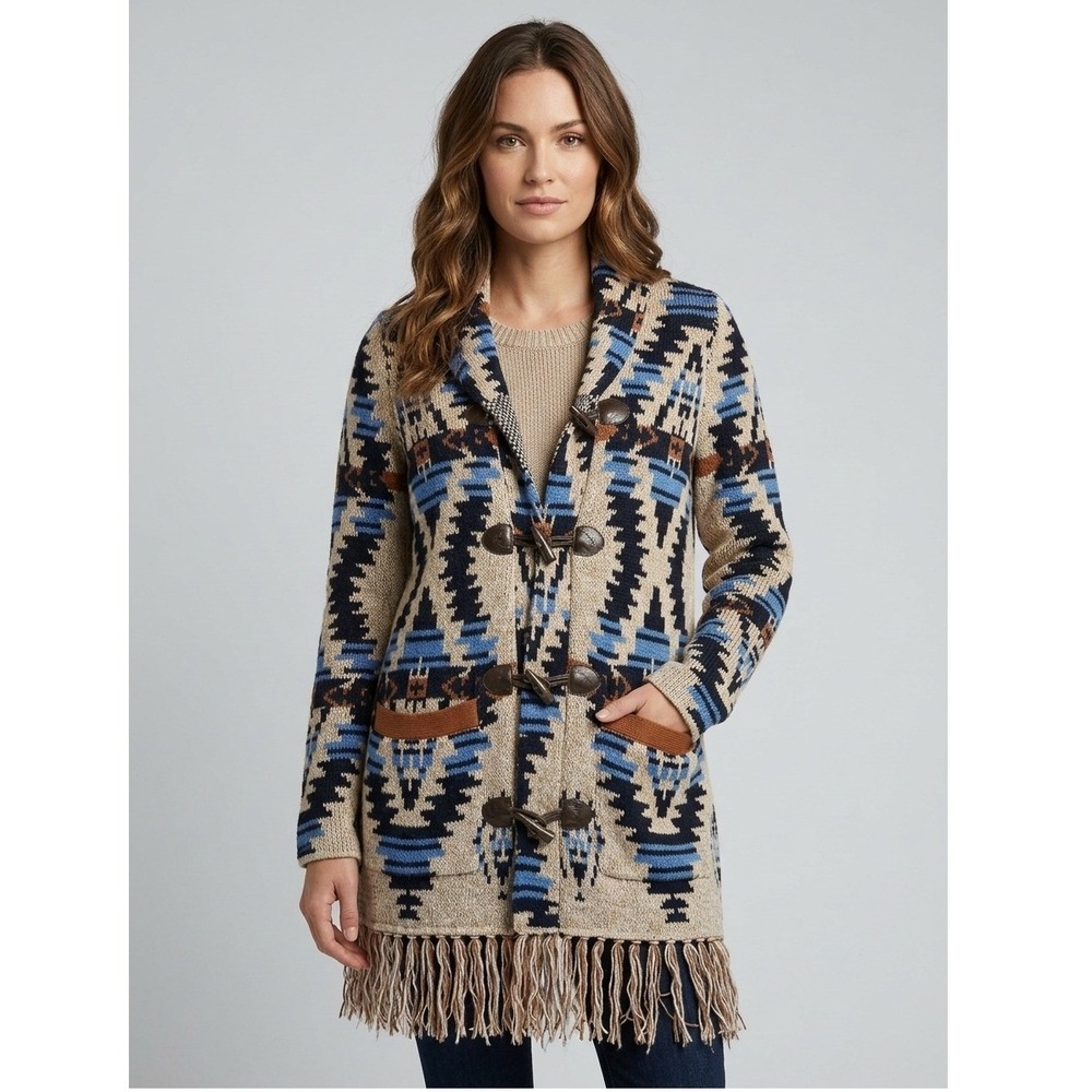 Alia Southwestern Toggle Cardigan Sweater Blue Tan Fringe Hem Womens Size M